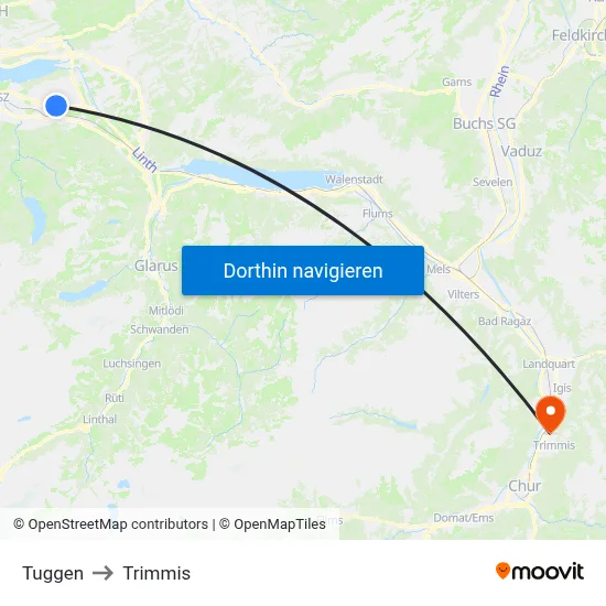 Tuggen to Trimmis map
