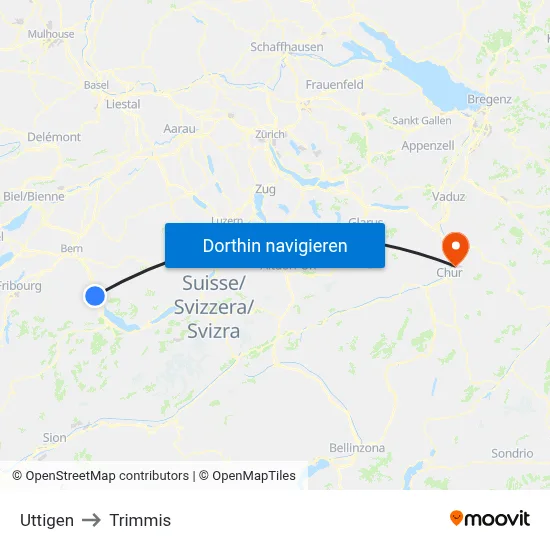Uttigen to Trimmis map