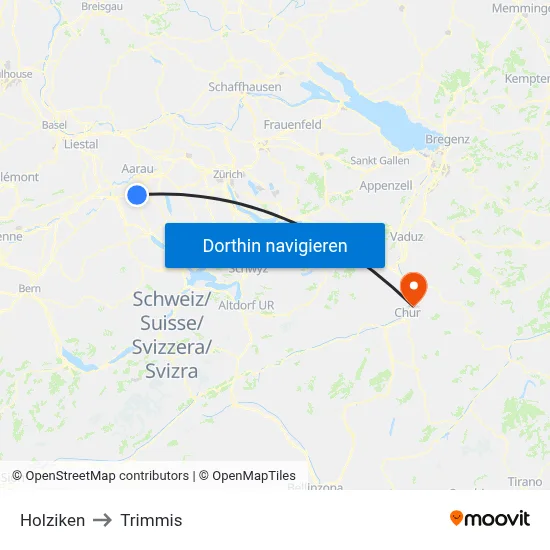 Holziken to Trimmis map