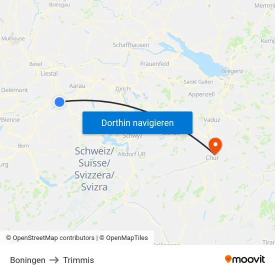 Boningen to Trimmis map
