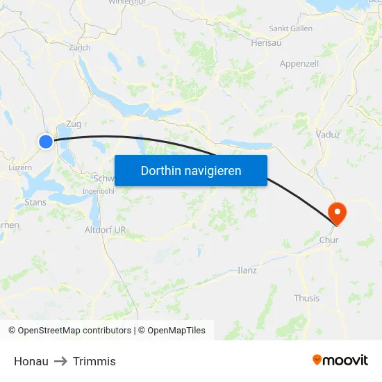 Honau to Trimmis map