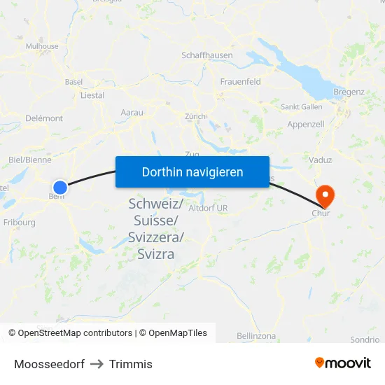 Moosseedorf to Trimmis map
