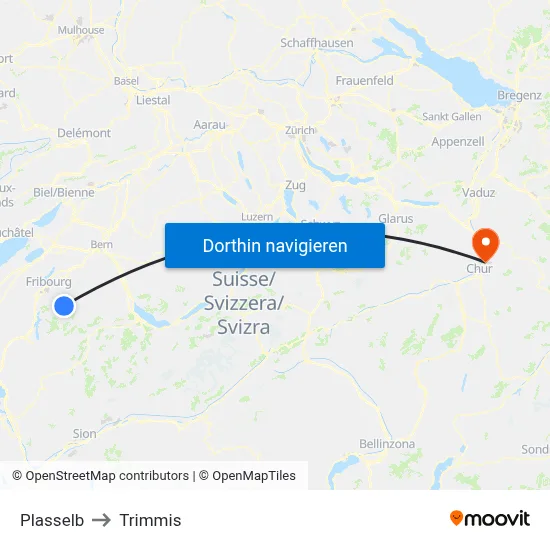 Plasselb to Trimmis map