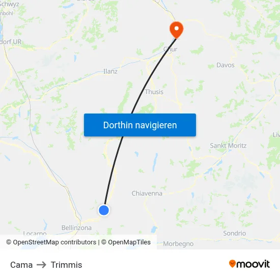 Cama to Trimmis map