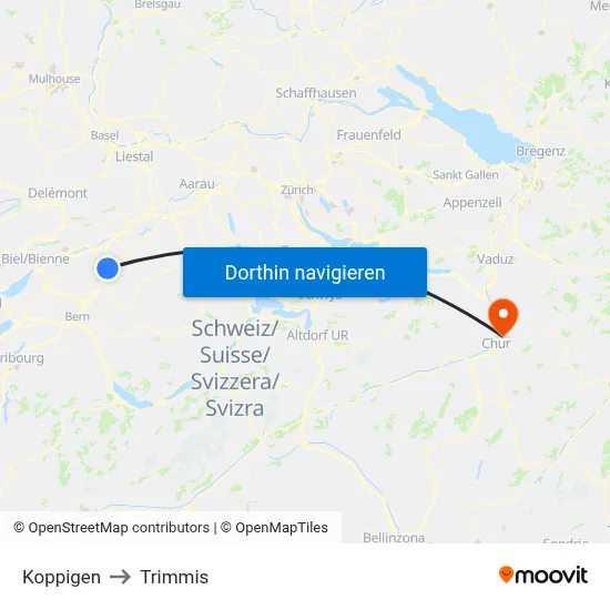 Koppigen to Trimmis map