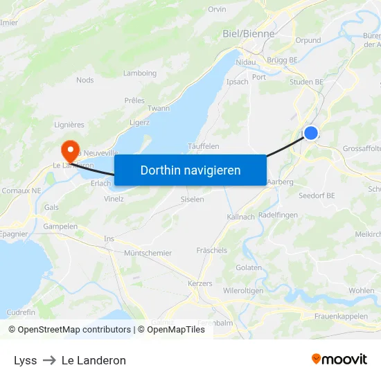 Lyss to Le Landeron map