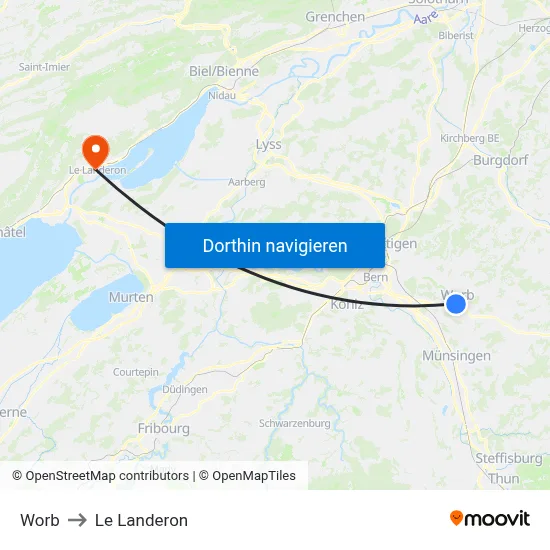 Worb to Le Landeron map