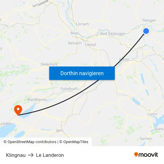 Klingnau to Le Landeron map