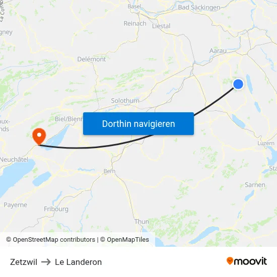 Zetzwil to Le Landeron map