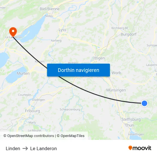 Linden to Le Landeron map