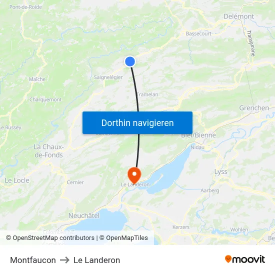 Montfaucon to Le Landeron map