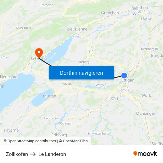 Zollikofen to Le Landeron map