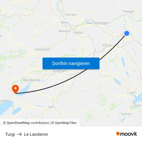 Turgi to Le Landeron map