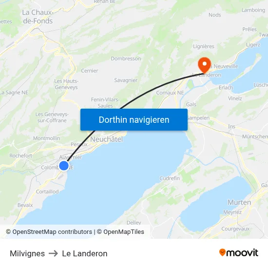 Milvignes to Le Landeron map