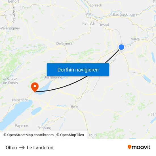 Olten to Le Landeron map