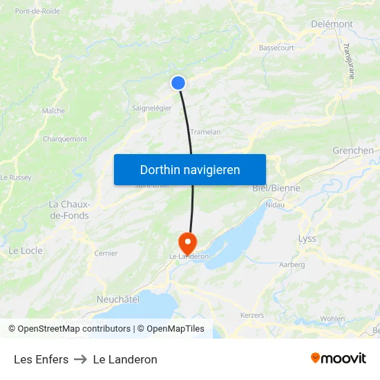 Les Enfers to Le Landeron map