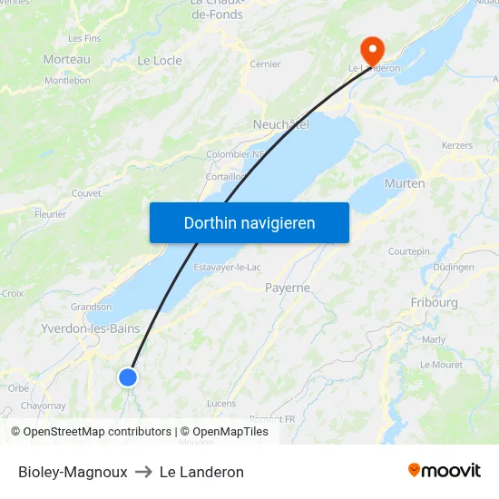 Bioley-Magnoux to Le Landeron map