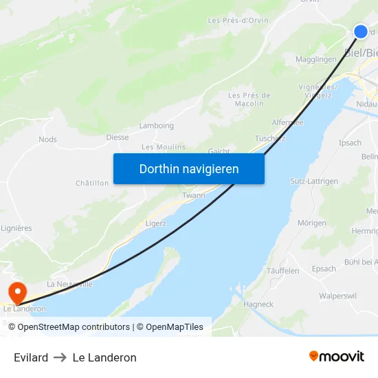Evilard to Le Landeron map