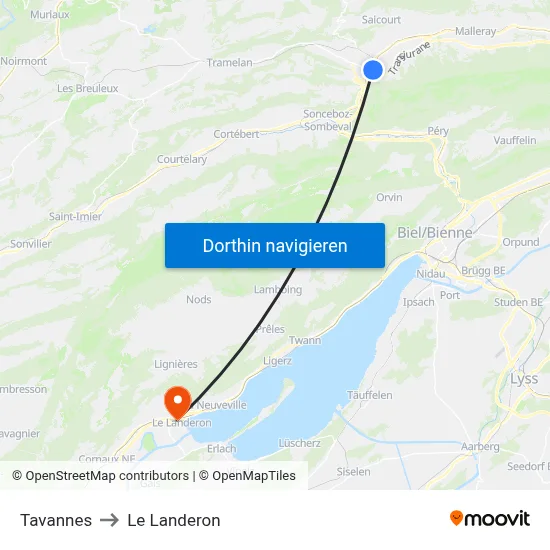 Tavannes to Le Landeron map