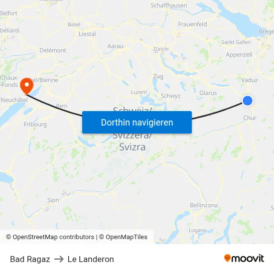 Bad Ragaz to Le Landeron map
