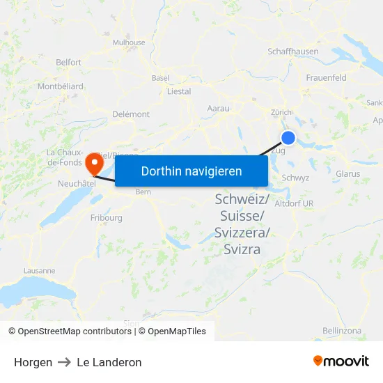 Horgen to Le Landeron map