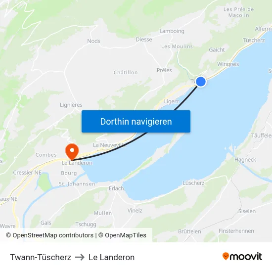 Twann-Tüscherz to Le Landeron map