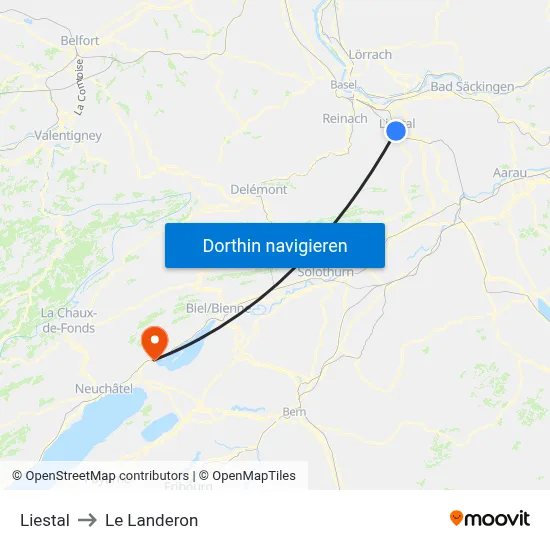 Liestal to Le Landeron map
