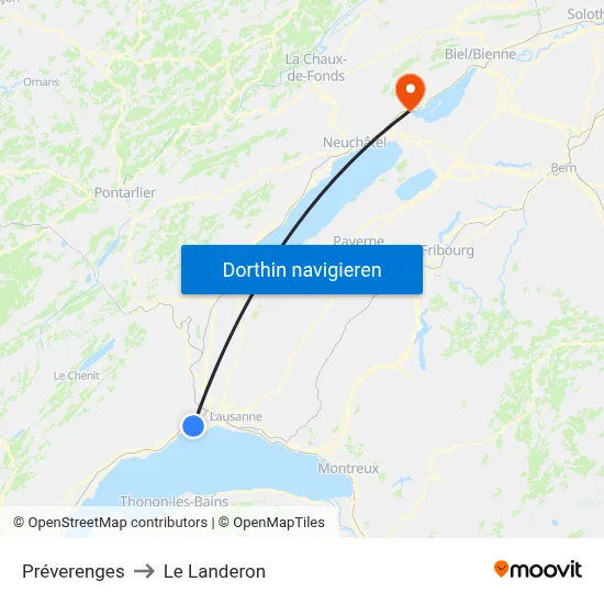 Préverenges to Le Landeron map