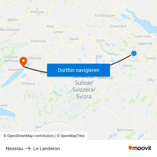 Nesslau to Le Landeron map