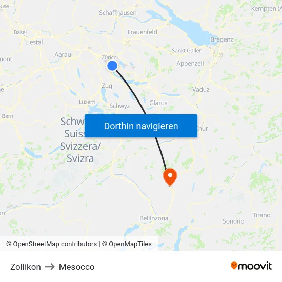 Zollikon to Mesocco map