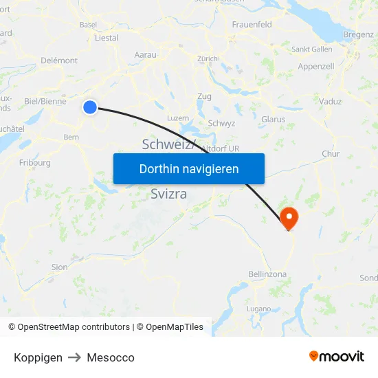 Koppigen to Mesocco map
