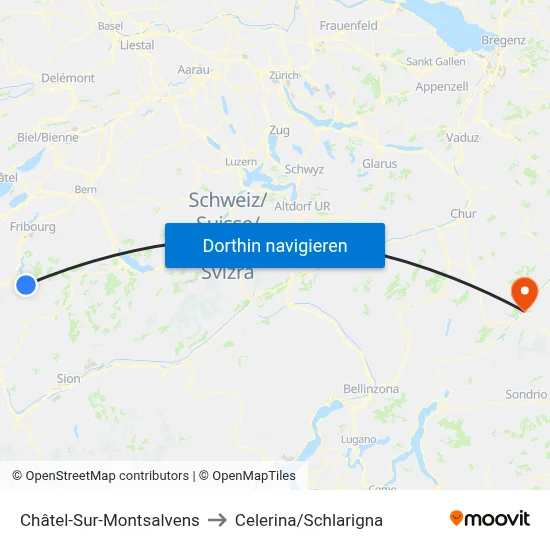 Châtel-Sur-Montsalvens to Celerina/Schlarigna map