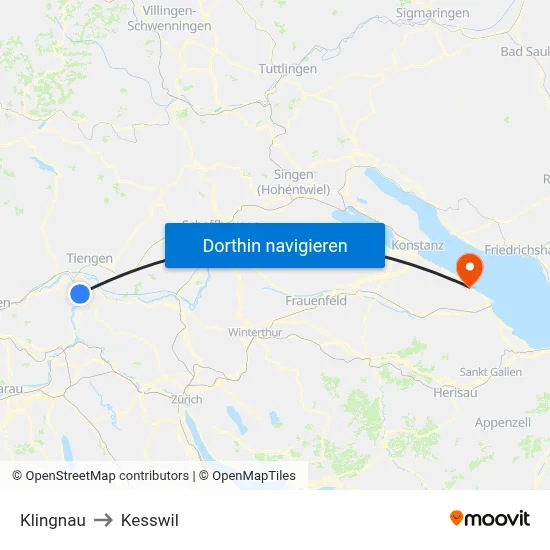 Klingnau to Kesswil map