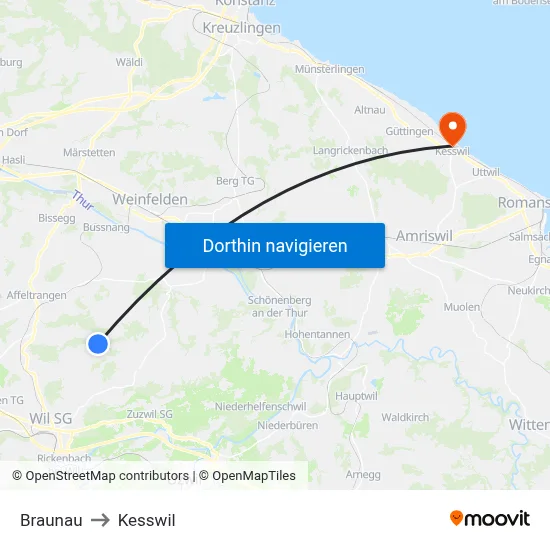 Braunau to Kesswil map