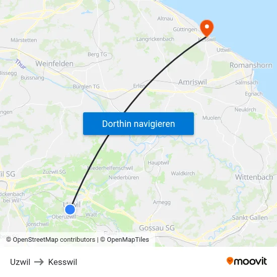 Uzwil to Kesswil map