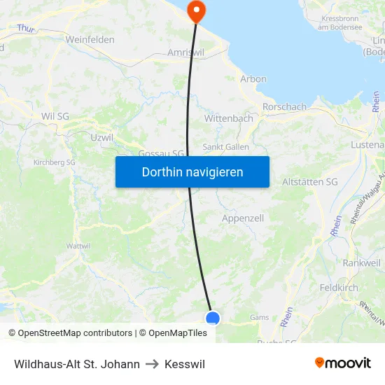Wildhaus-Alt St. Johann to Kesswil map