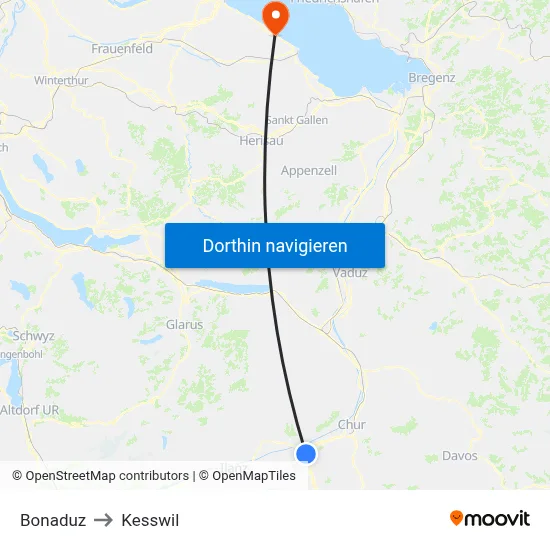 Bonaduz to Kesswil map
