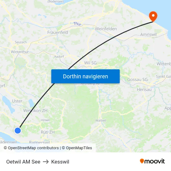 Oetwil AM See to Kesswil map