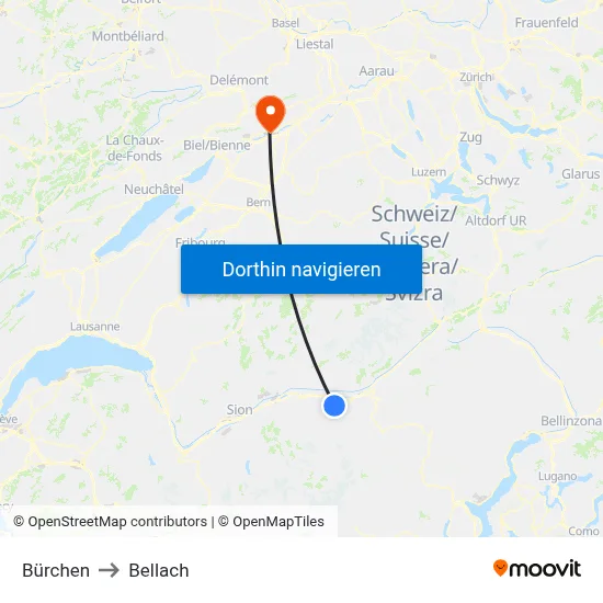 Bürchen to Bellach map