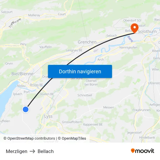 Merzligen to Bellach map