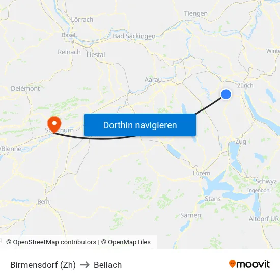 Birmensdorf (Zh) to Bellach map