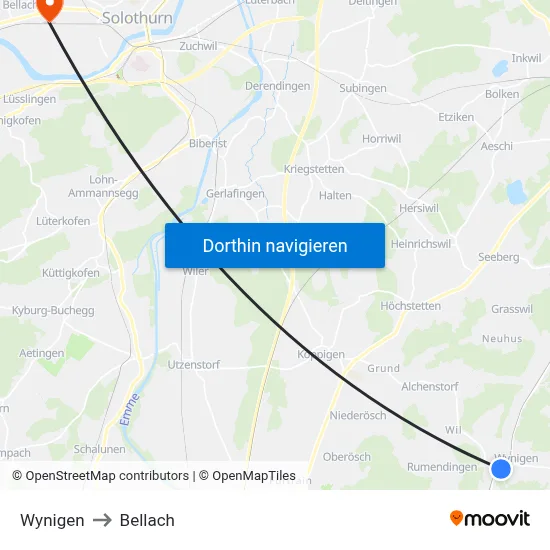 Wynigen to Bellach map