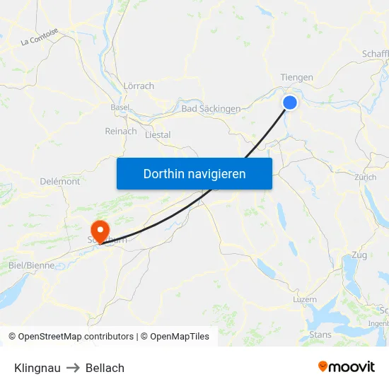 Klingnau to Bellach map
