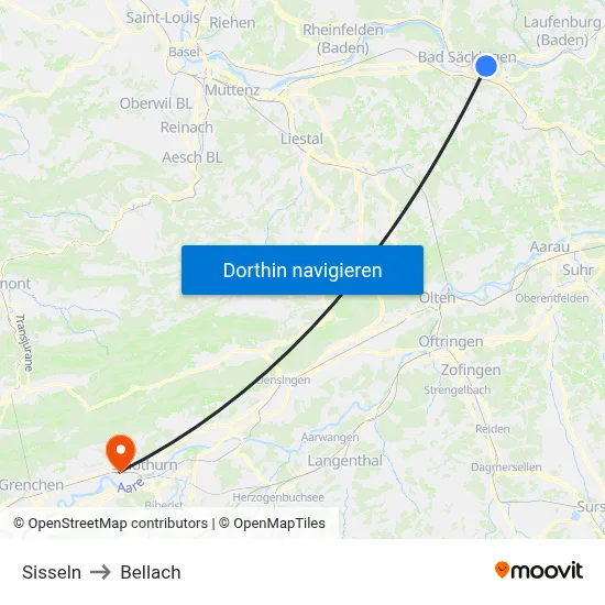 Sisseln to Bellach map