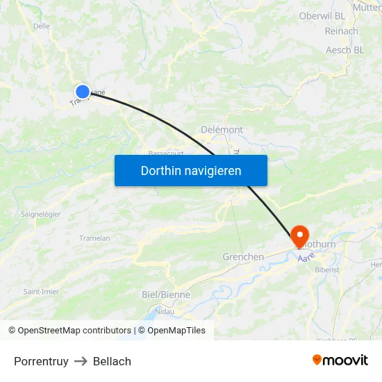 Porrentruy to Bellach map