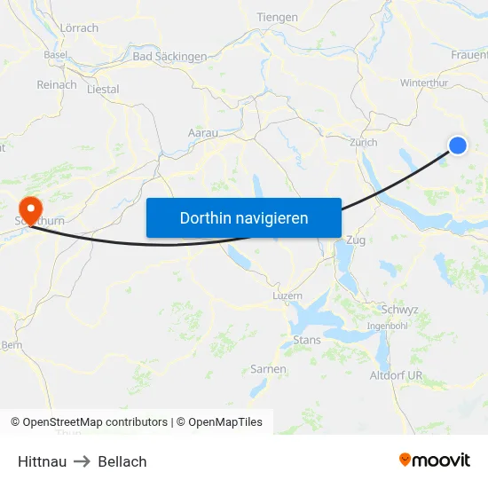 Hittnau to Bellach map