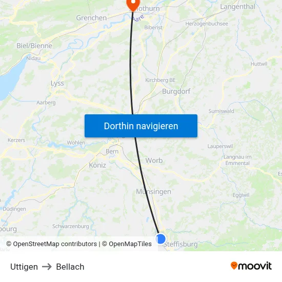 Uttigen to Bellach map
