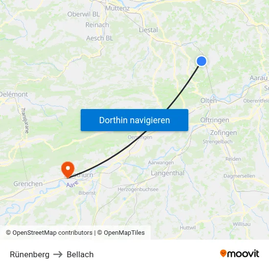 Rünenberg to Bellach map