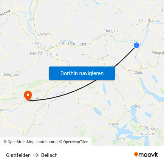 Glattfelden to Bellach map
