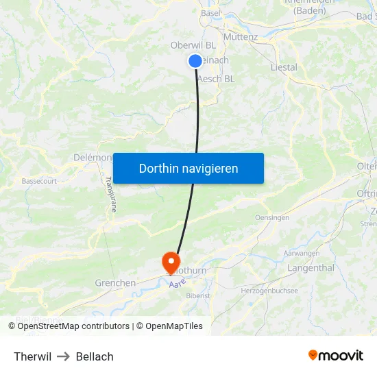 Therwil to Bellach map